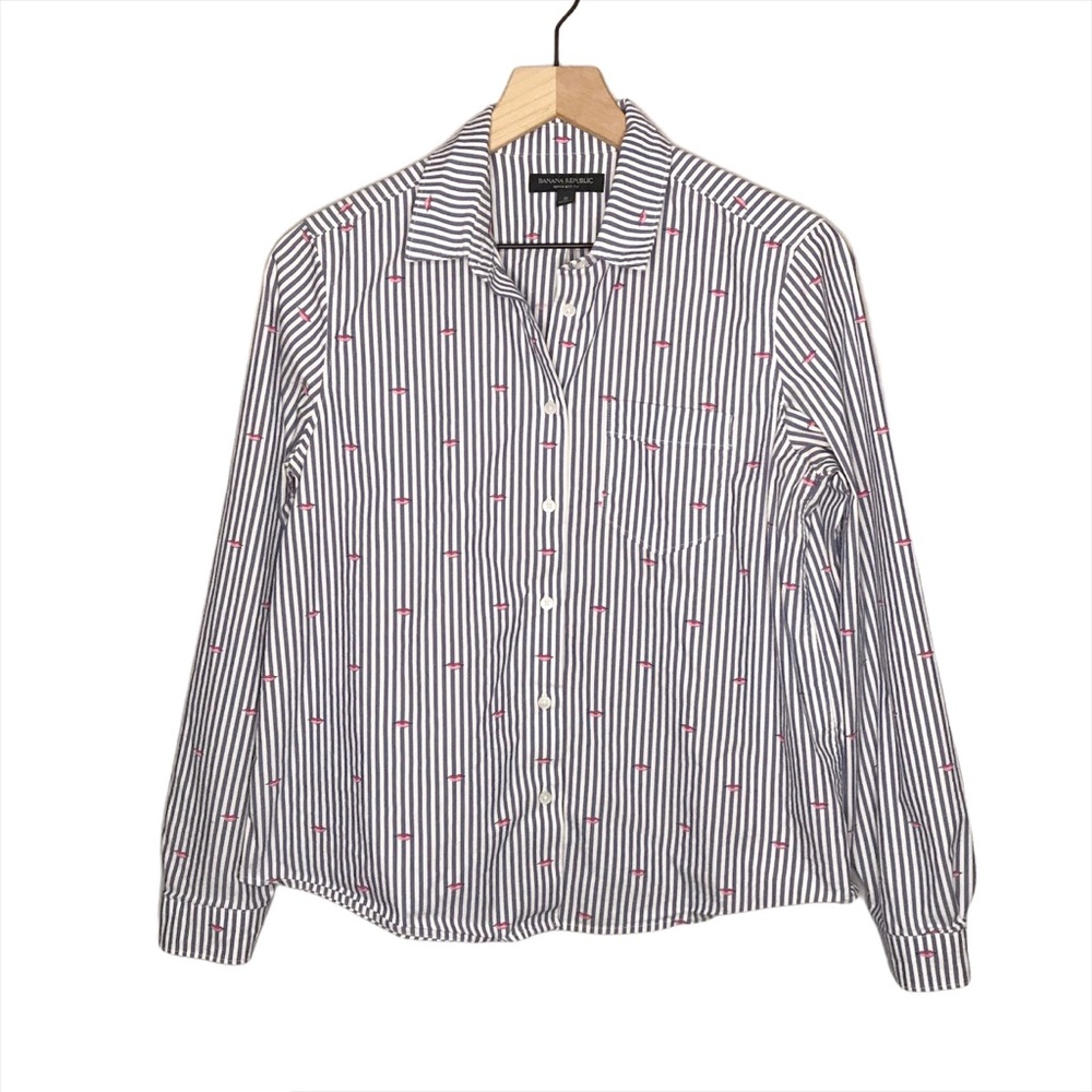 Banana Republic Long Sleeve Lip Printed Striped Quinn Boy Fit Button Top S